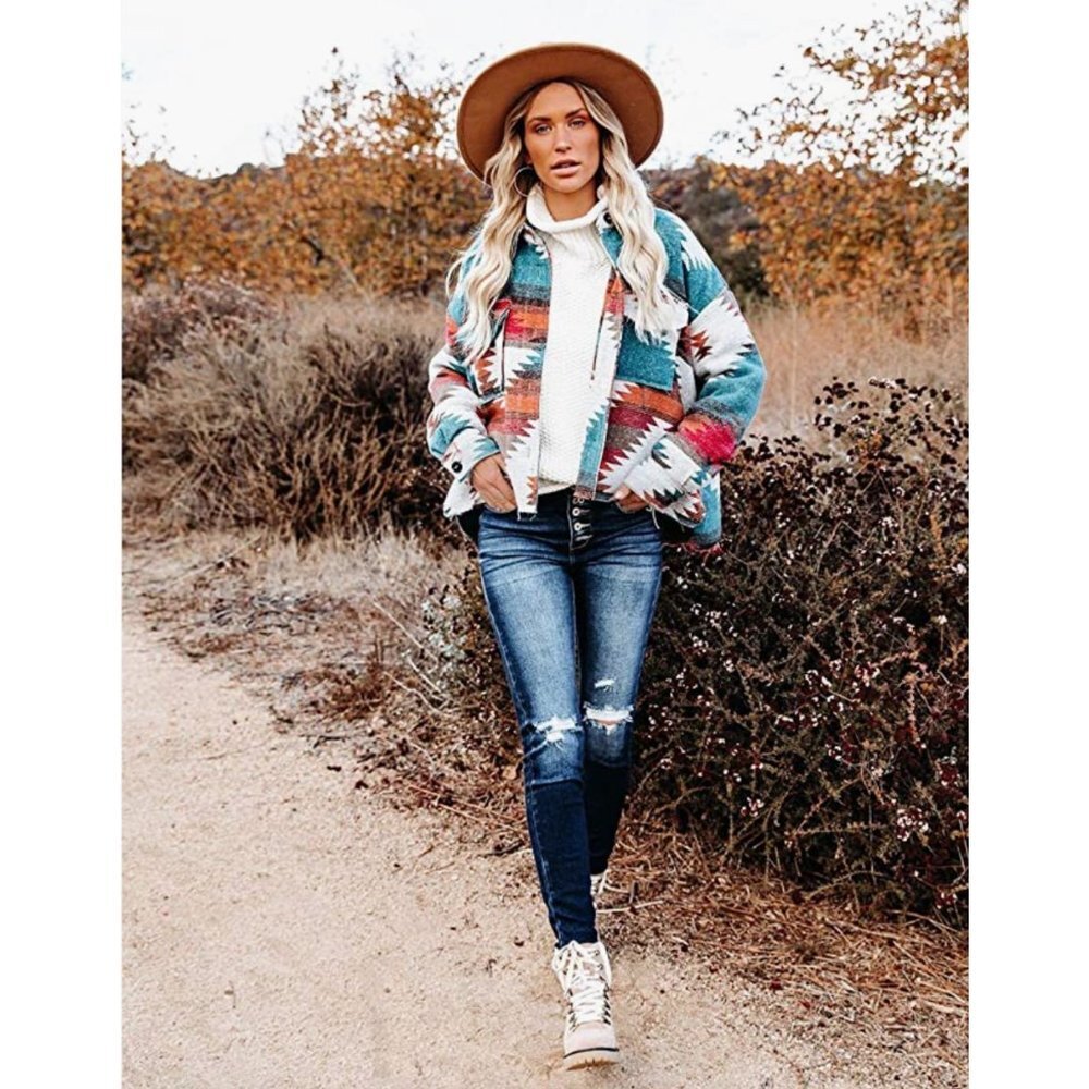 Multicolor Aztec Tribal Print Button Down Corduroy Shacket Jacket Coat - Picture 4 of 7